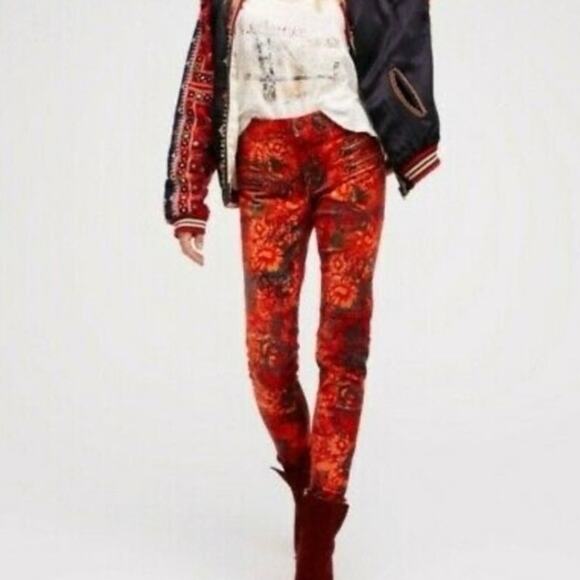Free People Lennon Floral Funkytown Orange Red Velvet Pants Women’s Size 0 - Picture 11 of 12